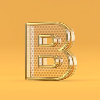 Gold wire and glass font letter B 3D rendering illustration isolated on orange background