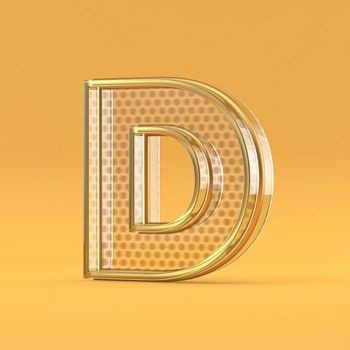 Gold wire and glass font letter D 3D rendering illustration isolated on orange background