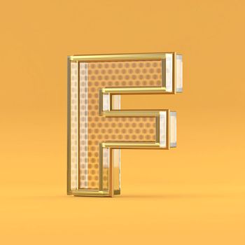 Gold wire and glass font letter F 3D rendering illustration isolated on orange background