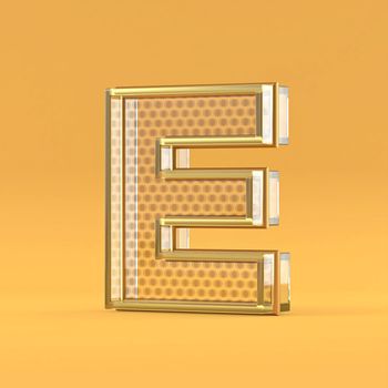 Gold wire and glass font letter E 3D rendering illustration isolated on orange background