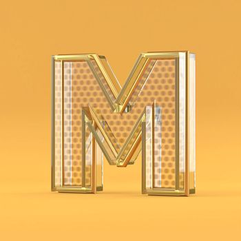 Gold wire and glass font letter M 3D rendering illustration isolated on orange background