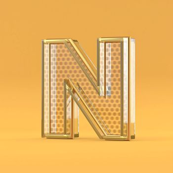 Gold wire and glass font letter N 3D rendering illustration isolated on orange background