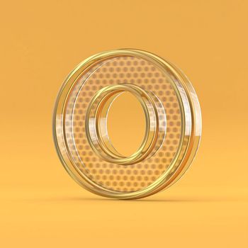 Gold wire and glass font letter O 3D rendering illustration isolated on orange background