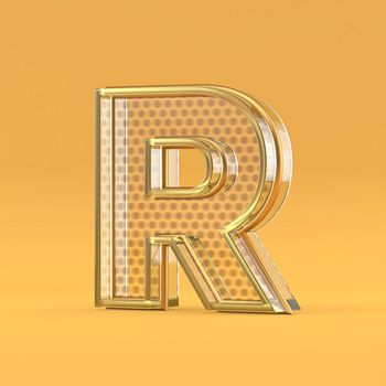 Gold wire and glass font letter R 3D rendering illustration isolated on orange background