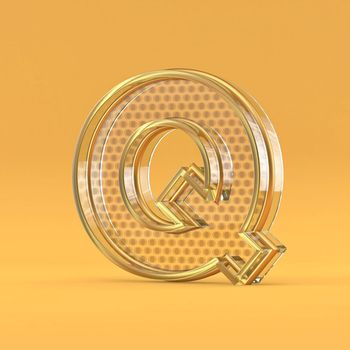 Gold wire and glass font letter Q 3D rendering illustration isolated on orange background