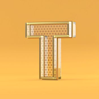Gold wire and glass font letter T 3D rendering illustration isolated on orange background