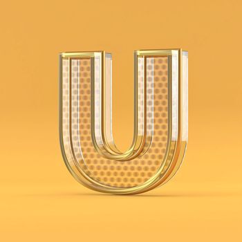 Gold wire and glass font letter U 3D rendering illustration isolated on orange background