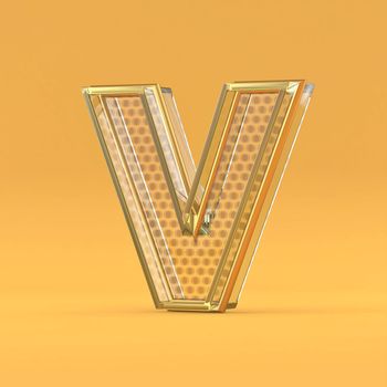 Gold wire and glass font letter V 3D rendering illustration isolated on orange background