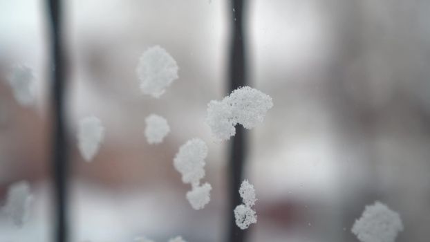 Snow froze on the glass. Snowflakes clustered in groups on the glass. Close-up. 4k