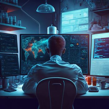 illustration of man back at the computer looking on charts. Back rear view businessman looking at computer monitor, analyzing project statistics, marketing research results or statistics. download image
