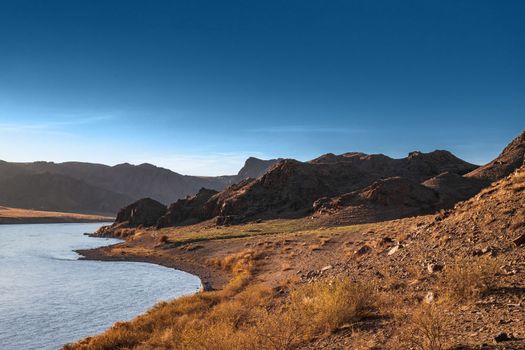 Riverside landscape near the Ili River in the Almaty region of Kazakhstan.