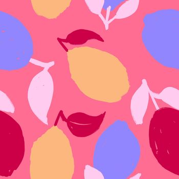 Hand drawn seamless pattern lemon citrus. Trendy red pink 80s 90s fruit fabric print, bright vibrant modern summer food design, inky texture kitchen background
