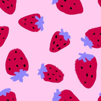 Hand drawn seamless pattern strawberries strawberry. Trendy red pink 80s 90s fruit fabric print, bright vibrant modern summer food design, inky texture kitchen background