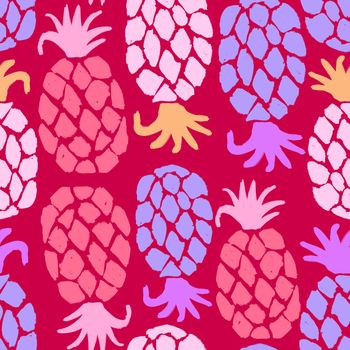 Hand drawn seamless pattern pineapples. Trendy red pink blue 80s 90s fruit fabric print, bright vibrant modern summer food design, inky texture kitchen background