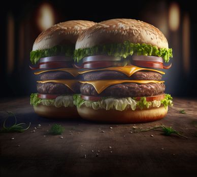 Grilled burger with double cutlet and cheese on a wooden table, copy space. Hamburger. Fast food concept. download image