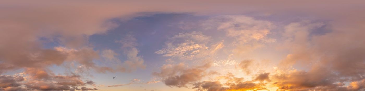 Dark blue sunset sky panorama with pink Cumulus clouds. Seamless hdr 360 pano in spherical equirectangular format. Full zenith for 3D visualization, game, sky replacement for aerial drone panoramas