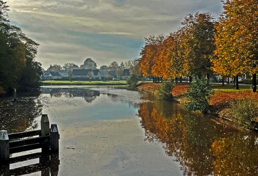 Autumn picture made in Coevorden, Netherlands. Idyllic canal lined with chestnut trees in autumn splendor.