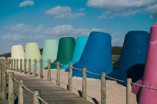 Colorful structures in the sand over Dunes at praia de Silvalde , Portugal-