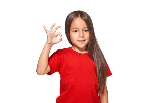 Child's hand showing positive sign isolated on white background