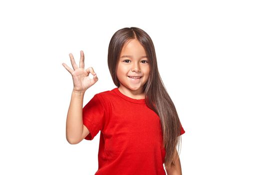 Child's hand showing positive sign isolated on white background