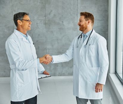 Portrait of a group of doctors shaking hands introducing at meeting in hospital