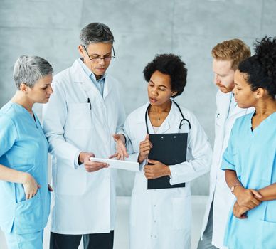 Portrait of a group of doctors at meeting in hospital