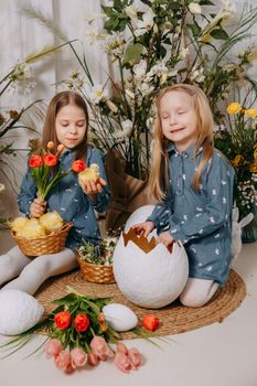 Two girls in a beautiful Easter photo zone with flowers, eggs, chickens and Easter bunnies. Happy Easter holiday