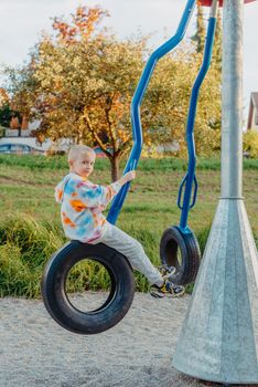 Funny cute happy baby playing on the playground. The emotion of happiness, fun, joy. Smile of a child. boy playing on the playground.