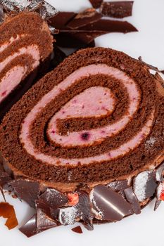 Closeup of slice of soft sweet sponge cake roll with tender berry custard covered with dark chocolate chips, powdered sugar and candied strawberry crumble on white background. Popular pastries