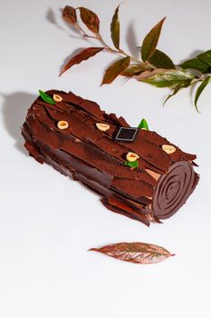 Delicious sweet cake roll in shape of log decorated with chocolate shavings sprinkled with cocoa and hazelnuts on white background with green branch. Popular pastries concept