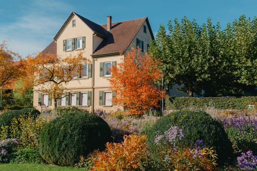 House with nice garden in fall. Flowers in the Park. Bietigheim-Bissingen. Germany, Europe. Autumn Park and house, nobody, bush and grenery