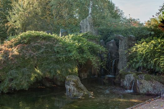 Scenic Japanese style gardens with a waterfall in the park, in autumn. Japanese water garden. Waterfall with maple trees in Japanese green Garden Park green summer zen lake pond water in London, UK