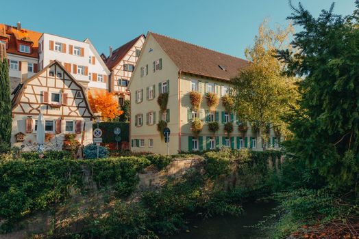 Old national German town house. Old Town is full of colorful and well preserved buildings. Baden-Wurttemberg is a state in southwest Germany bordering France and Switzerland. The Black Forest, known for its evergreen scenery and traditional villages, lies in the mountainous southwest. Stuttgart, the capital, is home to Wilhelma, a royal estate turned zoo and gardens. Porsche and Mercedes-Benz have headquarters and museums there. The 19th-century Hohenzollern Castle sits in the Swabian Alps to the south.