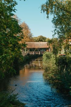 A wooden bridge in the park with and autumn colors of Bietigheim-Bissingen, Germany. Europe. Autumn landscape in nature. Autumn colors in the forest. autumn view with wooden bridge over stream in the park in autumn season