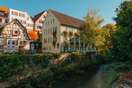 Old national German town house. Old Town is full of colorful and well preserved buildings. Baden-Wurttemberg is a state in southwest Germany bordering France and Switzerland. The Black Forest, known for its evergreen scenery and traditional villages, lies in the mountainous southwest. Stuttgart, the capital, is home to Wilhelma, a royal estate turned zoo and gardens. Porsche and Mercedes-Benz have headquarters and museums there. The 19th-century Hohenzollern Castle sits in the Swabian Alps to the south.