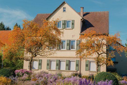 House with nice garden in fall. Flowers in the Park. Bietigheim-Bissingen. Germany, Europe. Autumn Park and house, nobody, bush and grenery