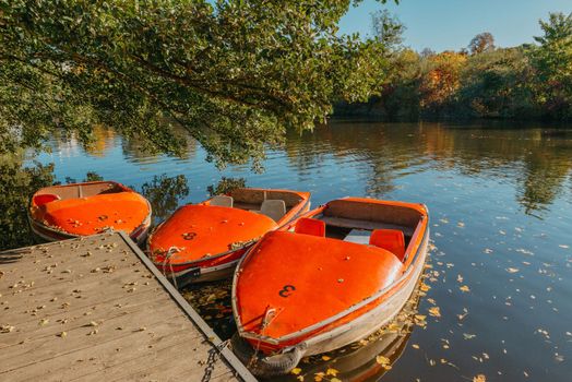 Several boats with oars are moored at the water's edge at the pier in the city park for water walks on the river, lake or pond.