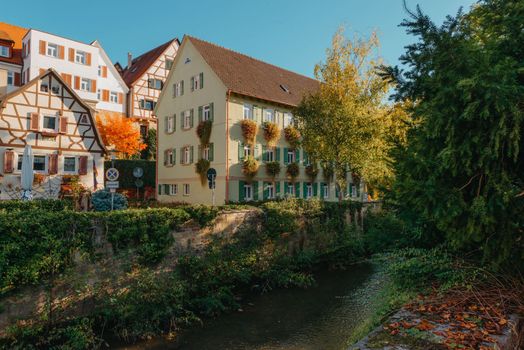 Old national German town house. Old Town is full of colorful and well preserved buildings. Baden-Wurttemberg is a state in southwest Germany bordering France and Switzerland. The Black Forest, known for its evergreen scenery and traditional villages, lies in the mountainous southwest. Stuttgart, the capital, is home to Wilhelma, a royal estate turned zoo and gardens. Porsche and Mercedes-Benz have headquarters and museums there. The 19th-century Hohenzollern Castle sits in the Swabian Alps to the south.