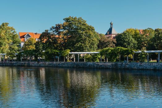 On An Old European City Bietigheim-Bissingen In Germany. the City Park of Bietigheim-Bissingen, Baden-Wuerttemberg, Germany, Europe. Autumn Park and house