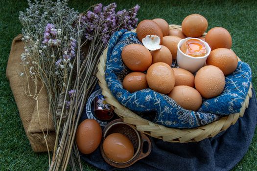 Hen / Fresh chicken eggs on basket. Nutrition concept, Selective focus.