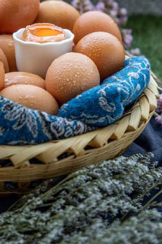 Hen / Close-up of Fresh chicken eggs on basket. Nutrition concept, Selective focus.