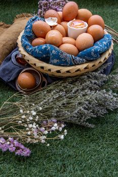 Hen / Fresh chicken eggs on basket. Nutrition concept, Copy space, Selective focus.