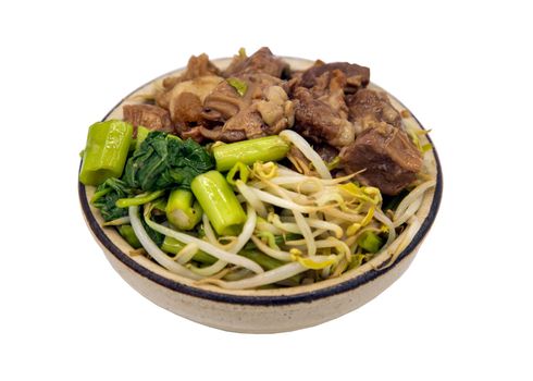 Braised pork (Stewed pork) with morning glory and bean sprouts with chines herbs in white bowl isolated on white background with clipping path. Selective focus.
