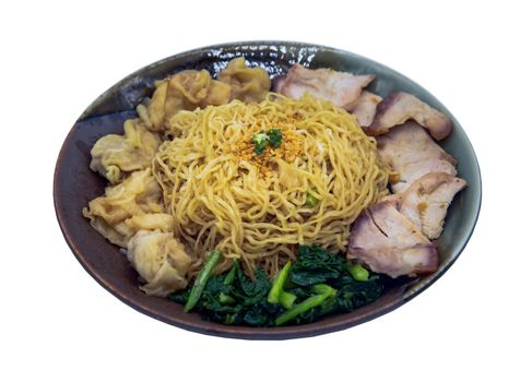 Egg Noodle with Roasted Pork and Wonton in plate isolated on white background with clipping path.  Cantonese chinese food, Selective focus.