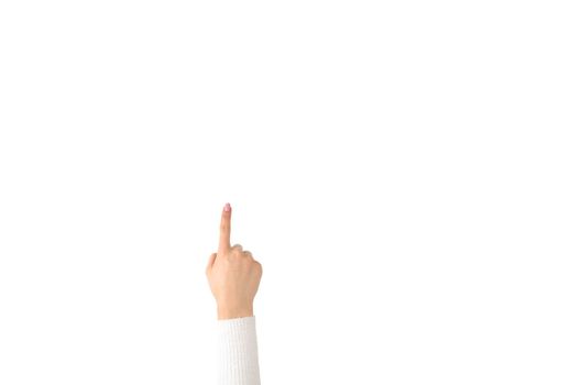 caucasian woman hand index finger pointing up isolated on white background