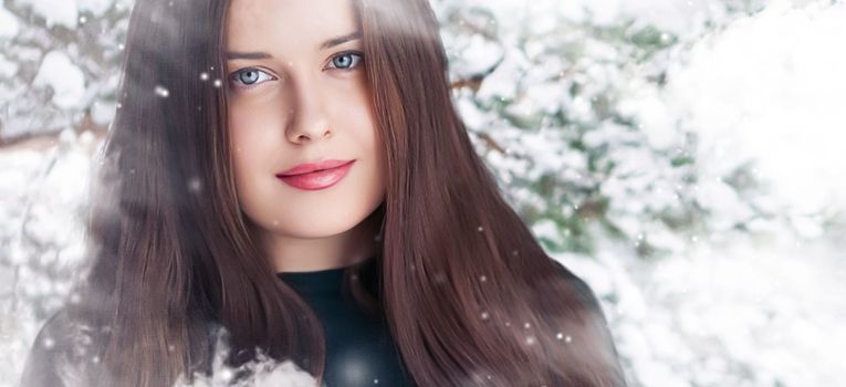 Winter beauty, Christmas time and happy holidays, beautiful woman with long hairstyle and natural make-up in snowy forest, snowing snow design as xmas, New Year and holiday lifestyle portrait style