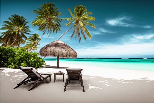 Chairs In Tropical Beach With Palm Trees On Coral Island. download image
