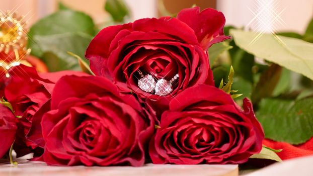 Festive Flatlay, composition for Valentine's Day on February 14. red rose flowers and diamond earrings for lovely woman at home