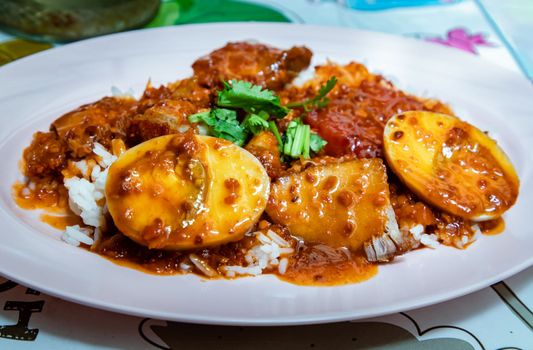 Red pork with rice (Kao Moo Dang) : Cooked rice, Red barbecue pork, duck egg, Chinese sausage and Crispy pork belly sprinkle with Coriander with Red sauce. Horizontal top view, Selective focus.