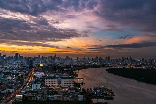 bangkok,Thailand - jul 6, 2019 : Sky view of Bangkok with skyscrapers in the business district in Bangkok along the Chao Phraya Rive in the during beautiful twilight give the city a modern style.